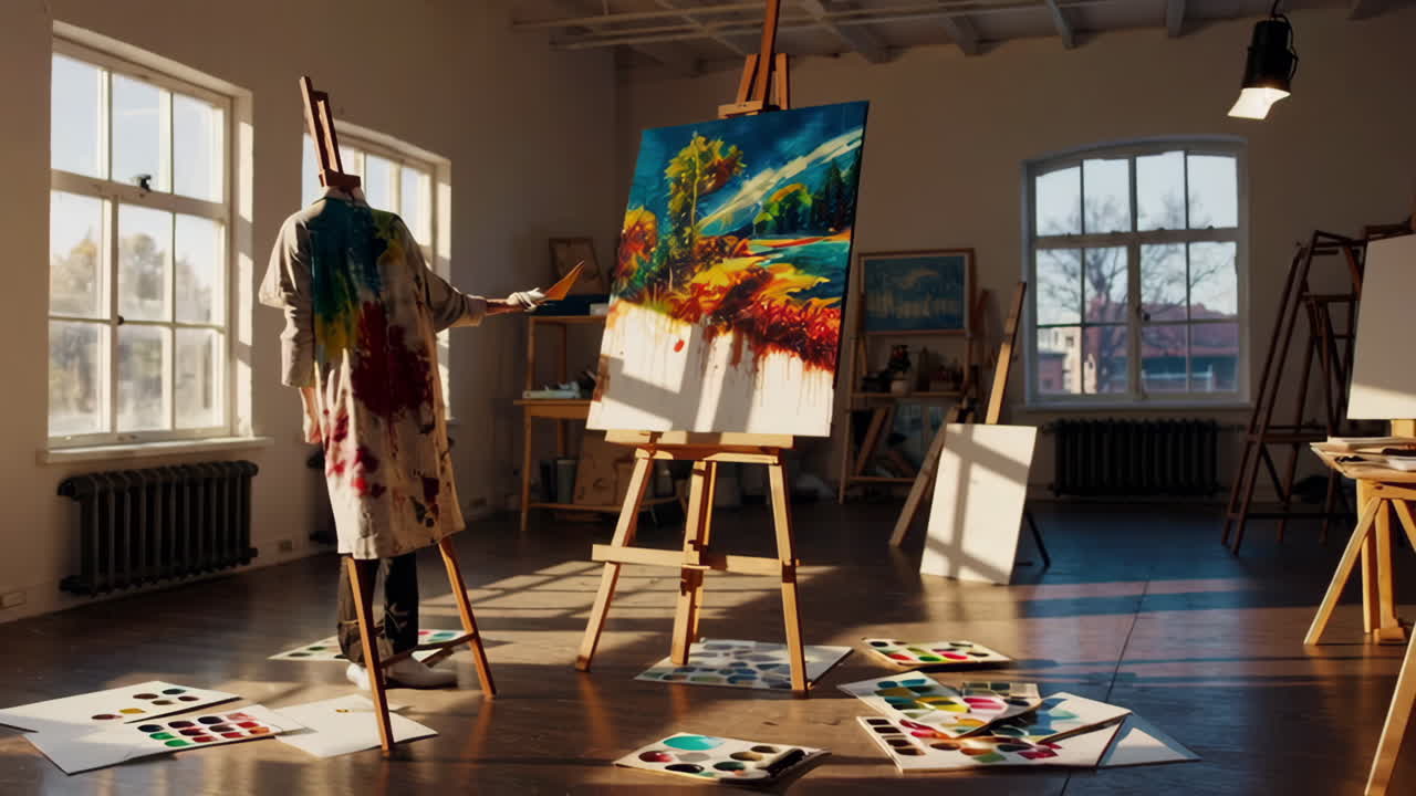 스튜디오에서 그림 그리는 예술가