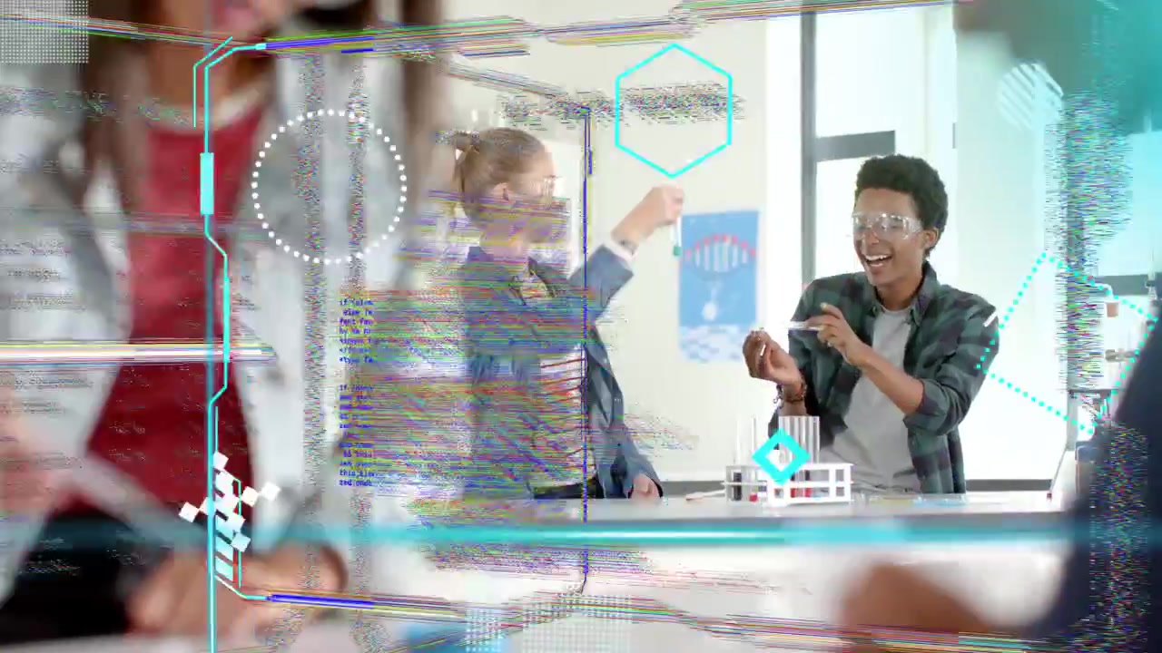 Glitching HUD revealing students pipetting tube and inspecting result for lab, framing final shot