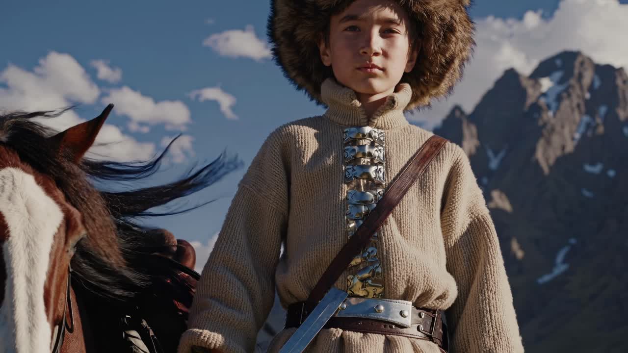 Low-angle shot of a young warrior in traditional attire, standing confidently beside a horse, set