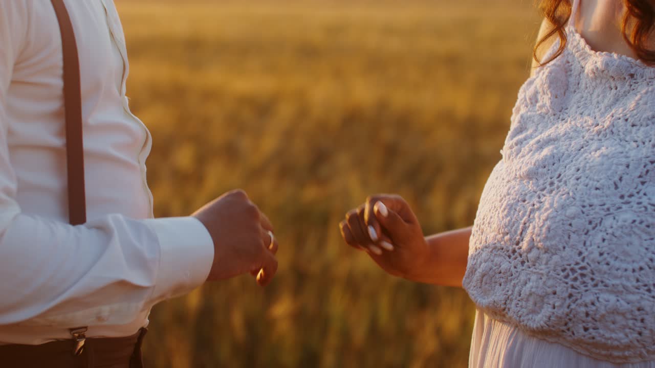 pareja de manos en un campo de trigo al atardecer