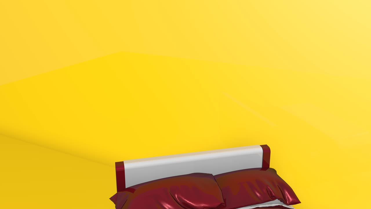 cama doble king size 3d en un escenario amarillo