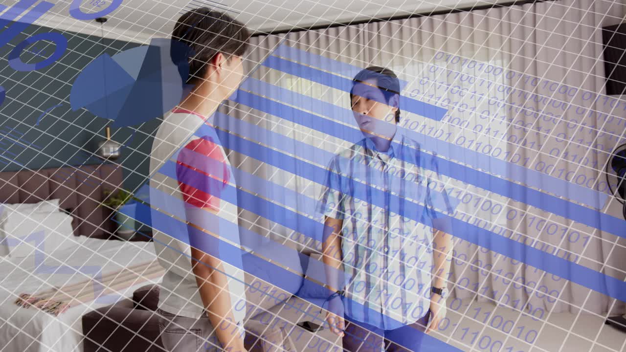 Son entering causing dad rising greeting talking in room with phone blue tech overlays around them