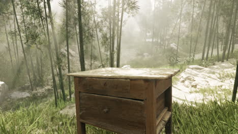 una mesa de madera en un bosque de bambú con niebla
