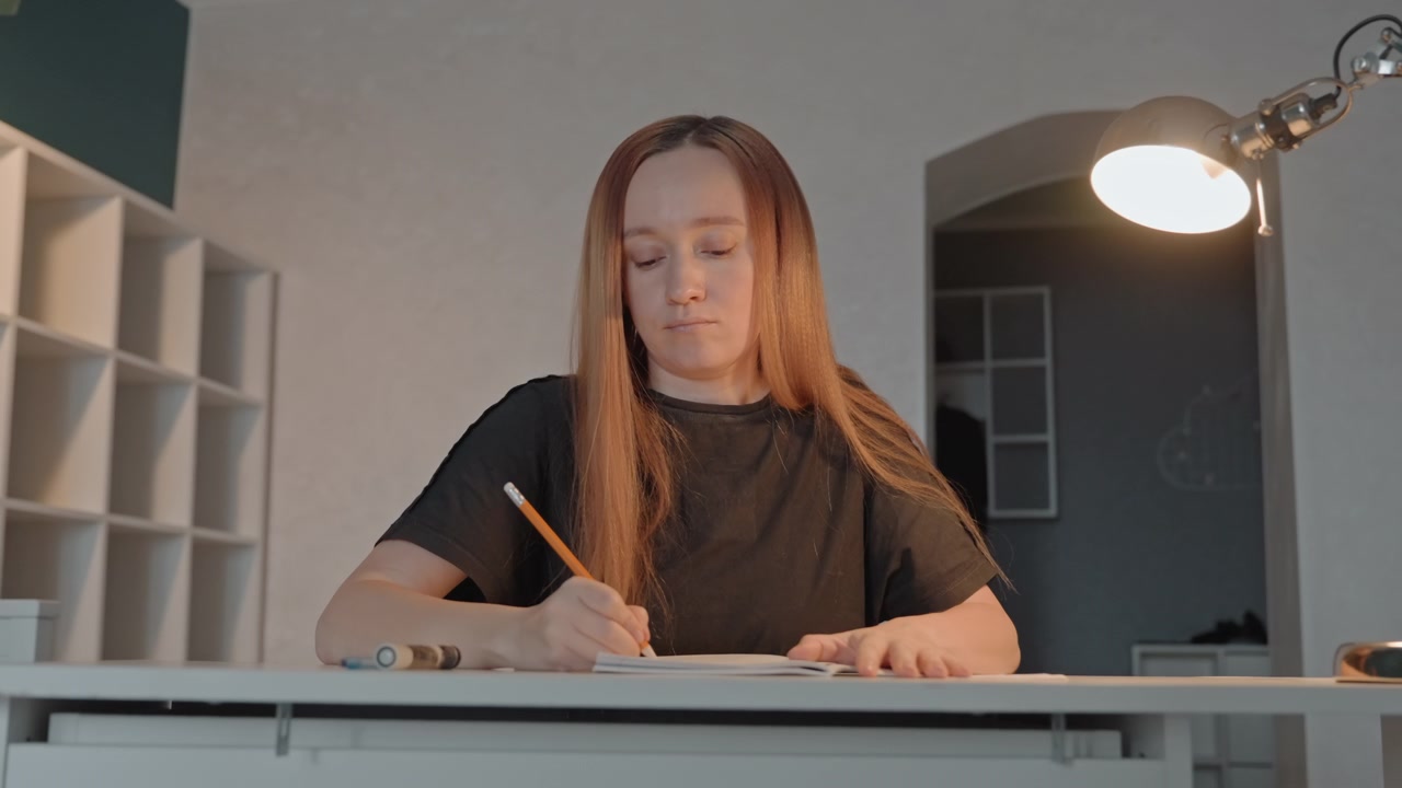 Young woman with long hair writes steadily. Silver lamp illuminates workspace from above while woman holds. Background features shelves against light colored walls