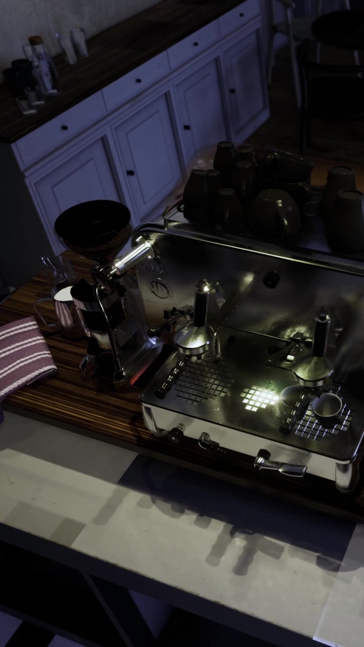 Macchina da caffè sul bancone della cucina illuminata dalla luce serale con utensili intorno