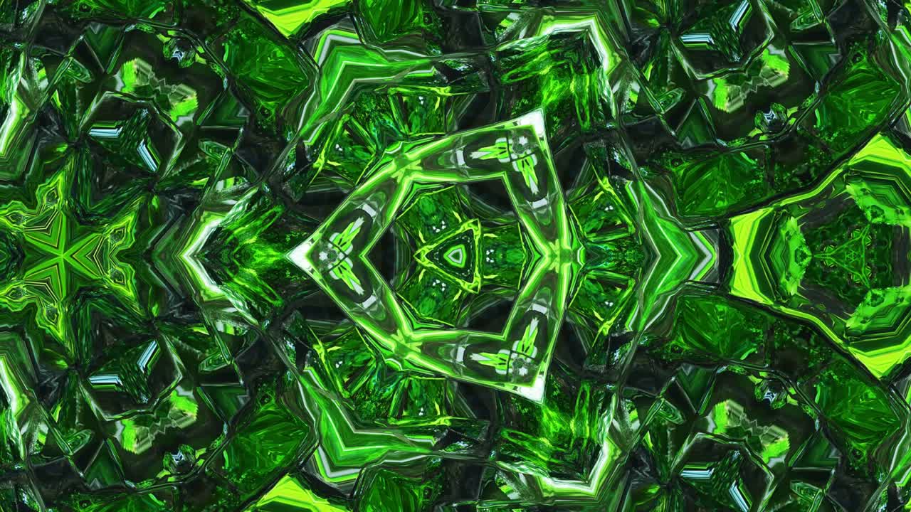 파도와 함께 칼레도스코프와 같은 액체 녹색 대칭 패턴 3d 스타일리시 루프 추상 bg, 아름다운 그라디언트 색상과 함께 화려한 액체 유리의 파동 구조.