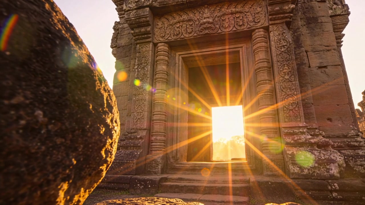 Sole allineato che proietta un raggio di luce attraverso un portale intagliato in una rovina, rivelando dei gradini, con bagliori dell'obiettivo