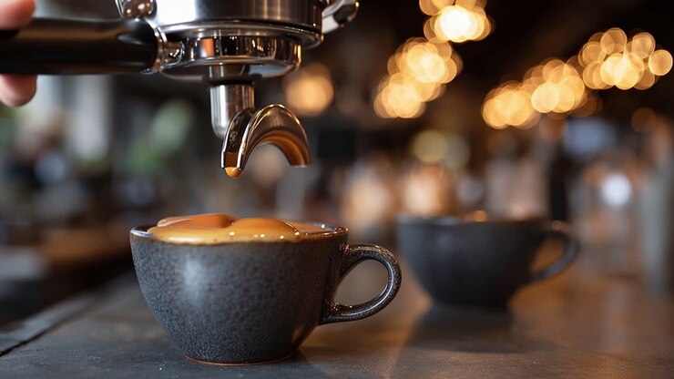 Il caffè si versa in una tazza di ceramica rustica. Liquido dorato scorre da un beccuccio elegante. Luci bokeh soffuse brillano caldamente sullo sfondo. Tazza artigianale poggia su una superficie di legno. L'atmosfera accogliente del caffè sussurra comfort.
