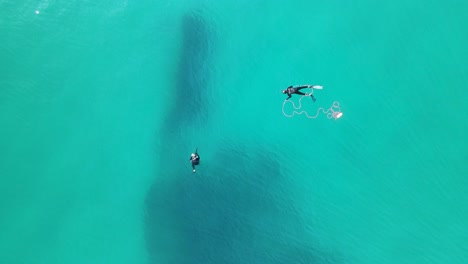 People-spearfishing-float-in-blue-water-above-a-sunken-shipwreck