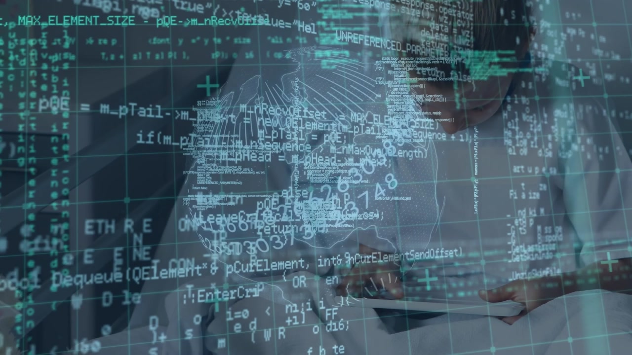 Data processing and spinning globe against caucasian girl using digital tablet in hospital bed