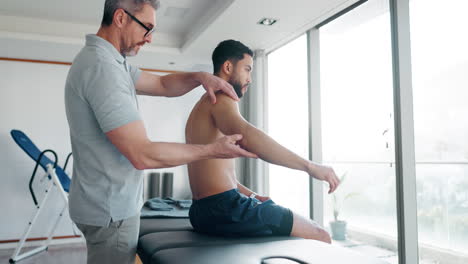 Shoulder-injury,-test-or-man-in-physiotherapy-to