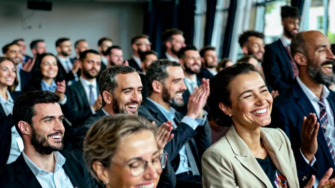 A diverse group of professionals applauding in a conference setting