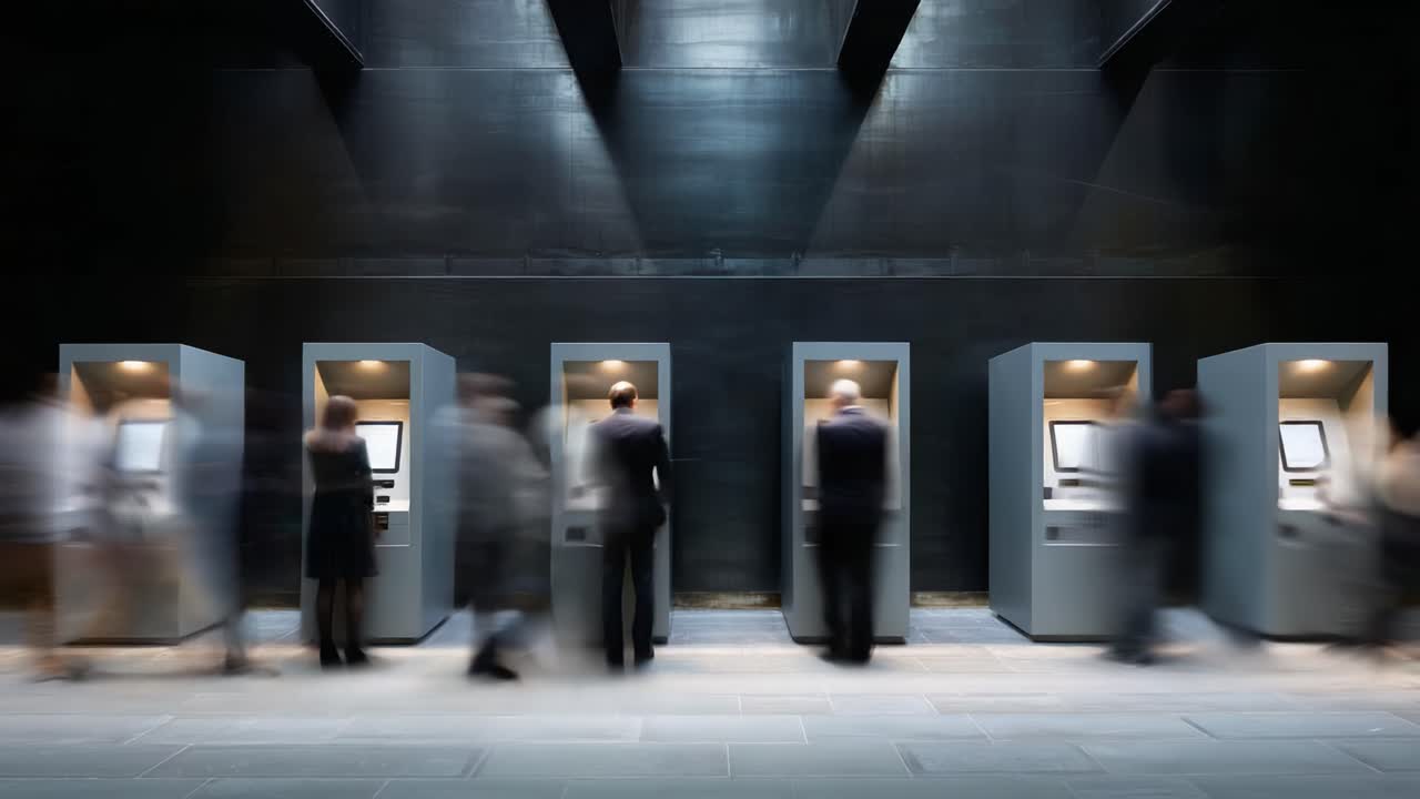 A sleek, modern banking environment featuring multiple ATMs, blending anonymity with accessibility as patrons engage with technology seamlessly in a stylish, understated setting
