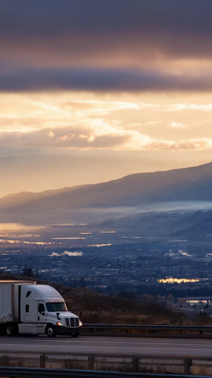 Un sereno paesaggio di montagne e nuvole con un camion su una strada aperta al tramonto, che cattura la bellezza della natura e dei trasporti in armonia