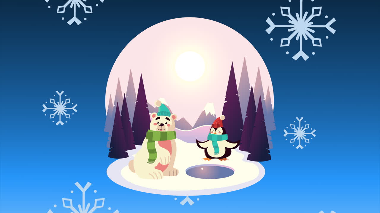 animación de feliz navidad con personajes de oso y pingüino