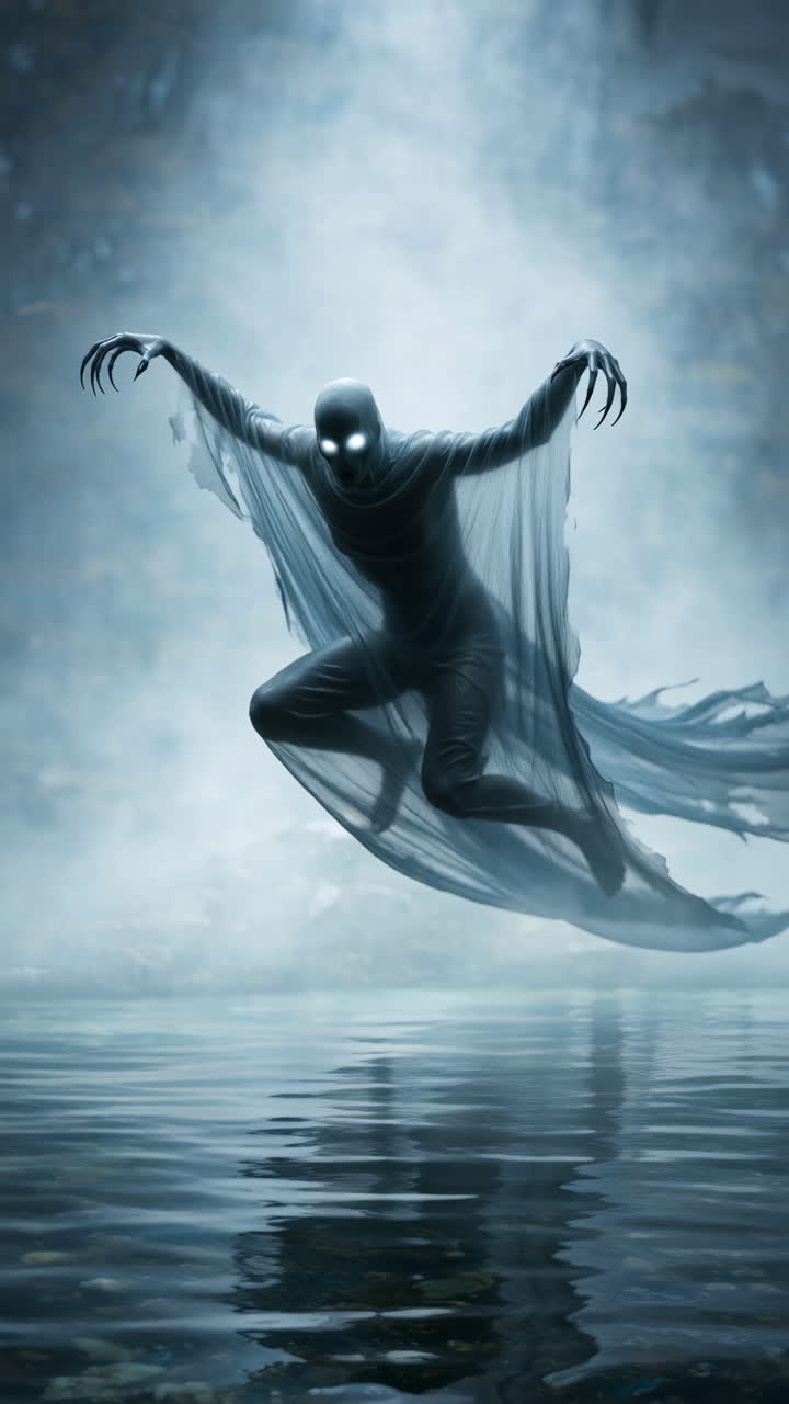 Ethereal Ghost Figure with Glowing Eyes Hovering Over Water
