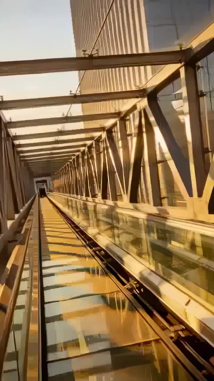 Vertical video: Moving camera gliding along glass skywalk toward exit, showing trusses and track