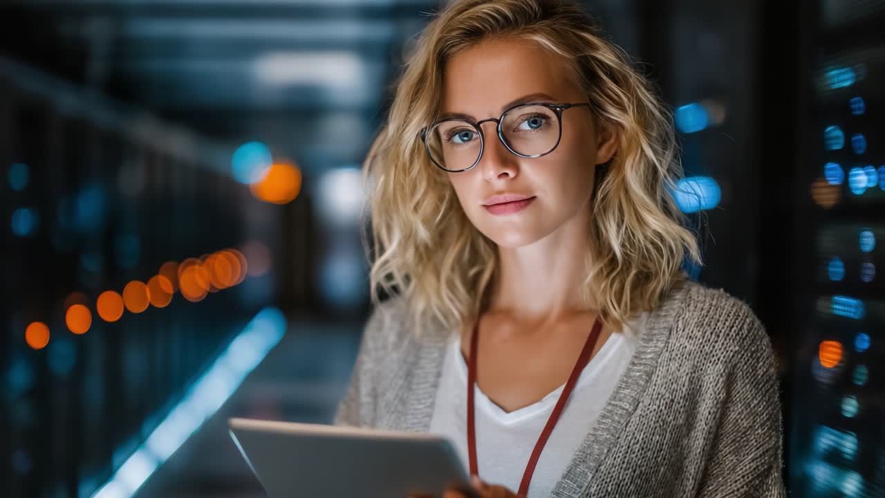 Una donna professionista sicura di sé impegnata nella tecnologia tra rack di server, che mette in mostra ambienti di lavoro moderni ed esperienza digitale.