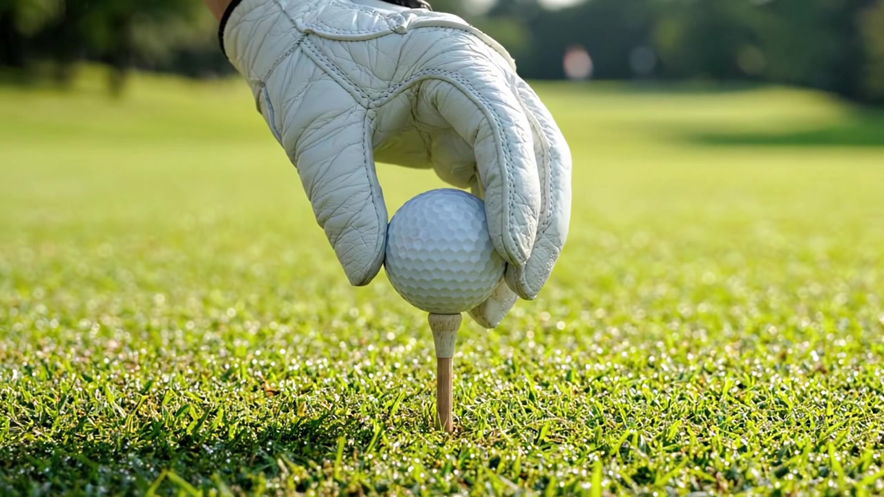Um Tee de Golfe e Bola Montados na Grama Verde Exuberante, Destacando o Cenário Tranquilo de um Campo de Golfe com a Luz do Sol Cintilando no Orvalho da Manhã
