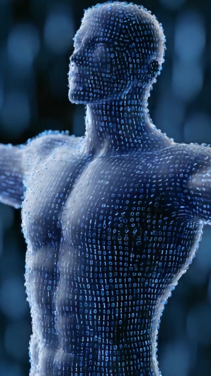 A Digital Entity Emerges: A Sculpted Human Form Composed of Binary Code, Symbolizing the Intersection of Technology and Humanity in a Cybernetic World