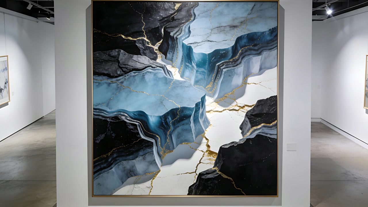 La telecamera si muove verso un dipinto astratto quadrato su una parete della galleria, rivelando venature dorate ed etichetta a parete