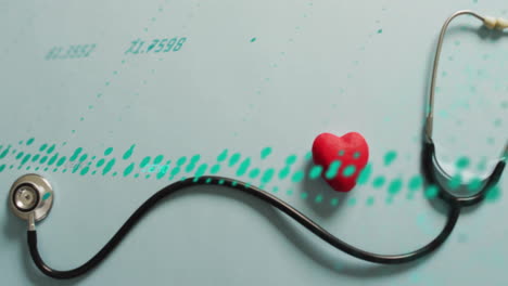 animation of data processing and diagrams over heart and stethoscope