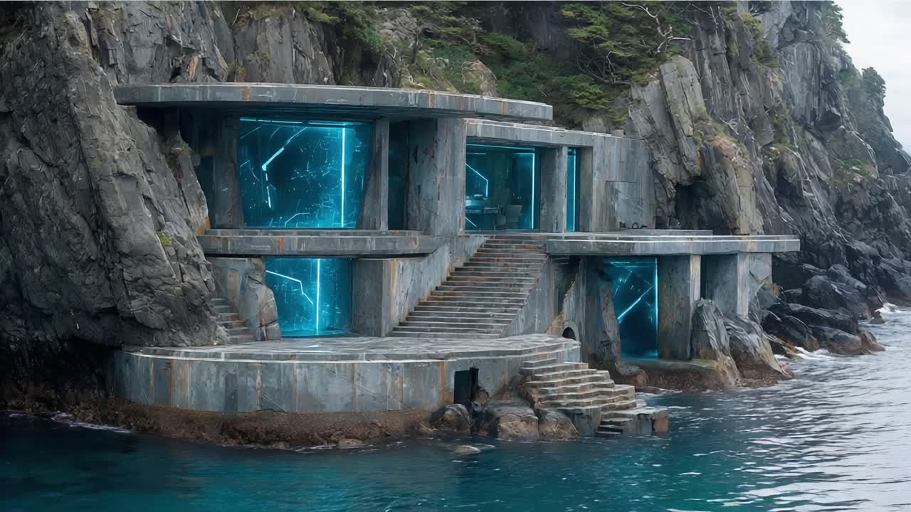 A Stunning Coastal Modern Architecture Marvel: An Innovative Structure Built into the Rocks with Glowing Windows, Surrounded by Serene Waters and Lush Greenery