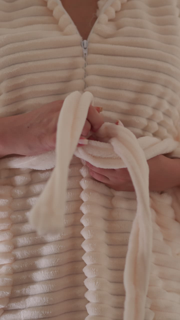 mujer con manicura aprieta el nudo en la túnica en la ducha en un fondo borroso. persona ata el manto de baño de peluche con cinturón después de tomar la ducha en cámara lenta