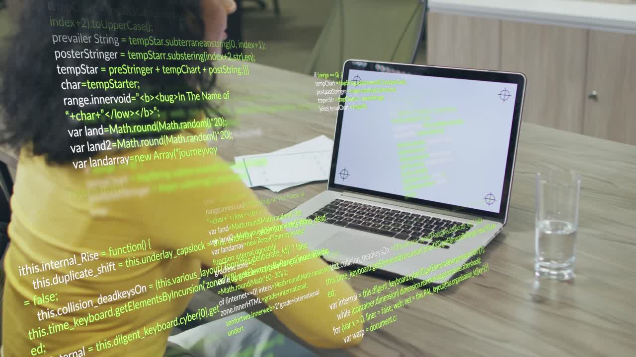 animación de procesamiento de datos sobre una mujer de negocios biracial haciendo una llamada de video en una computadora portátil con espacio para copiar.