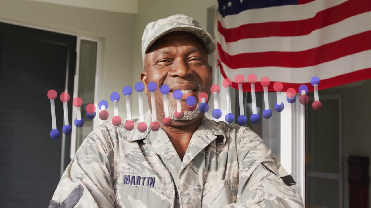 Smiling military veteran with DNA strand animation over American flag background