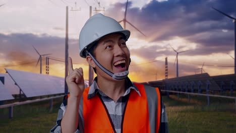 close up of asian male engineer with safety helmet thinking and looking around then raising his index finger while standing with solar panel and wind turbines