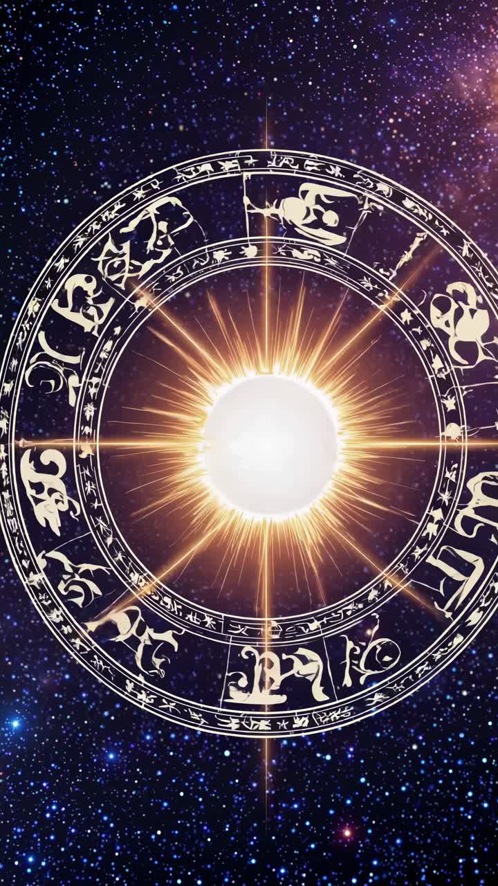 Astrological video concept with a cosmic theme. Zodiac wheel encircles a radiant sun, viewed