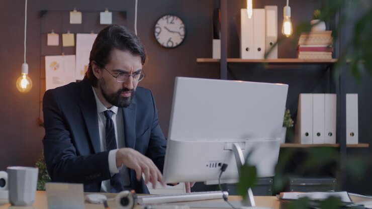 Businessman Concentrating at Computer in Office