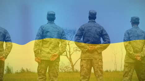 animation of back view of diverse soldier over flag of ukraine