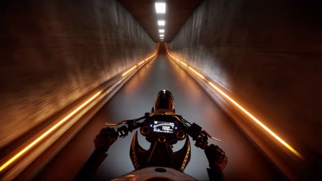 first-person view of a motorcycle speeding through a futuristic illuminated tunnel