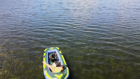 raft in lake by the mountains