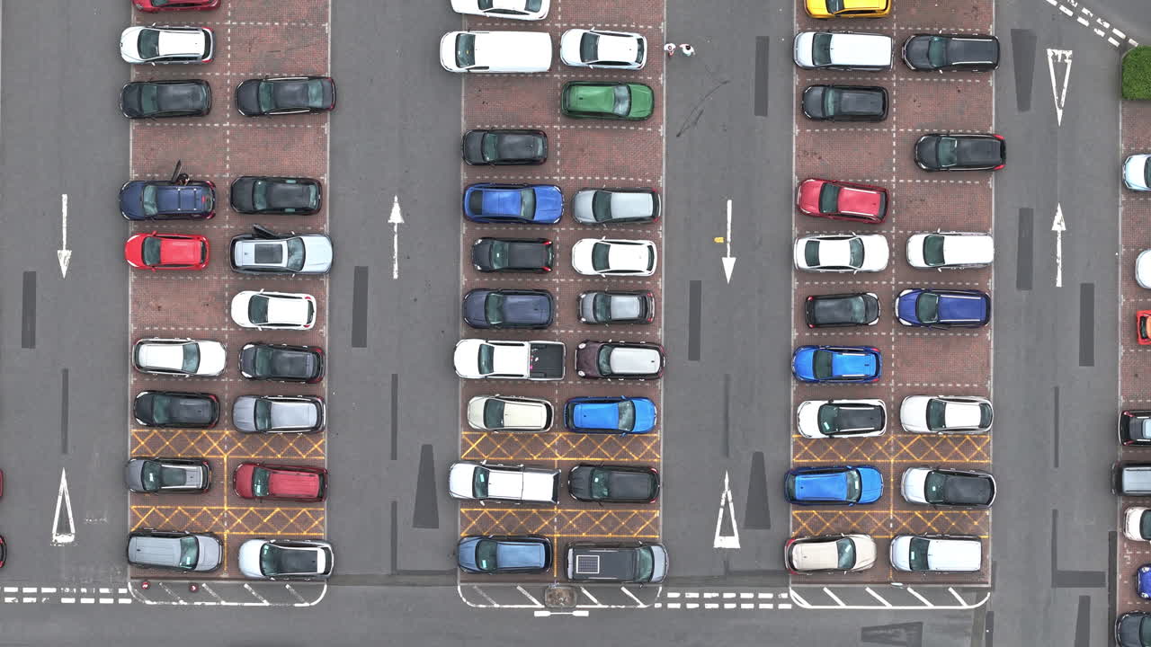 Aerial top-down view of cars parked in bays at a large retail park in Wales