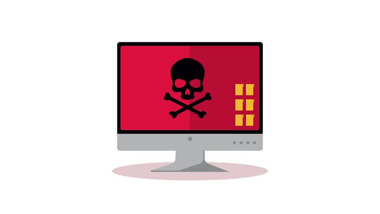 desktop with skull cyber security animation
