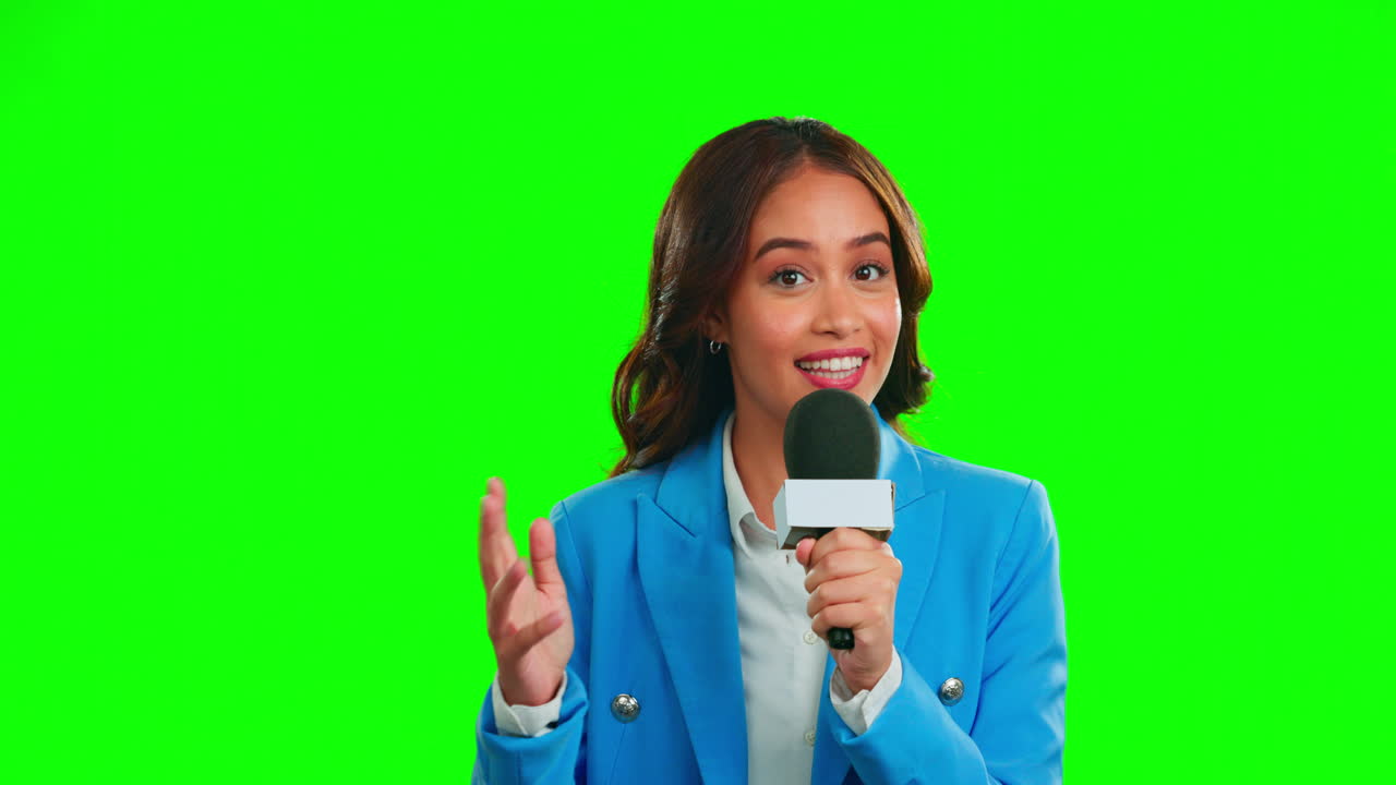 Microphone, green screen and woman journalist