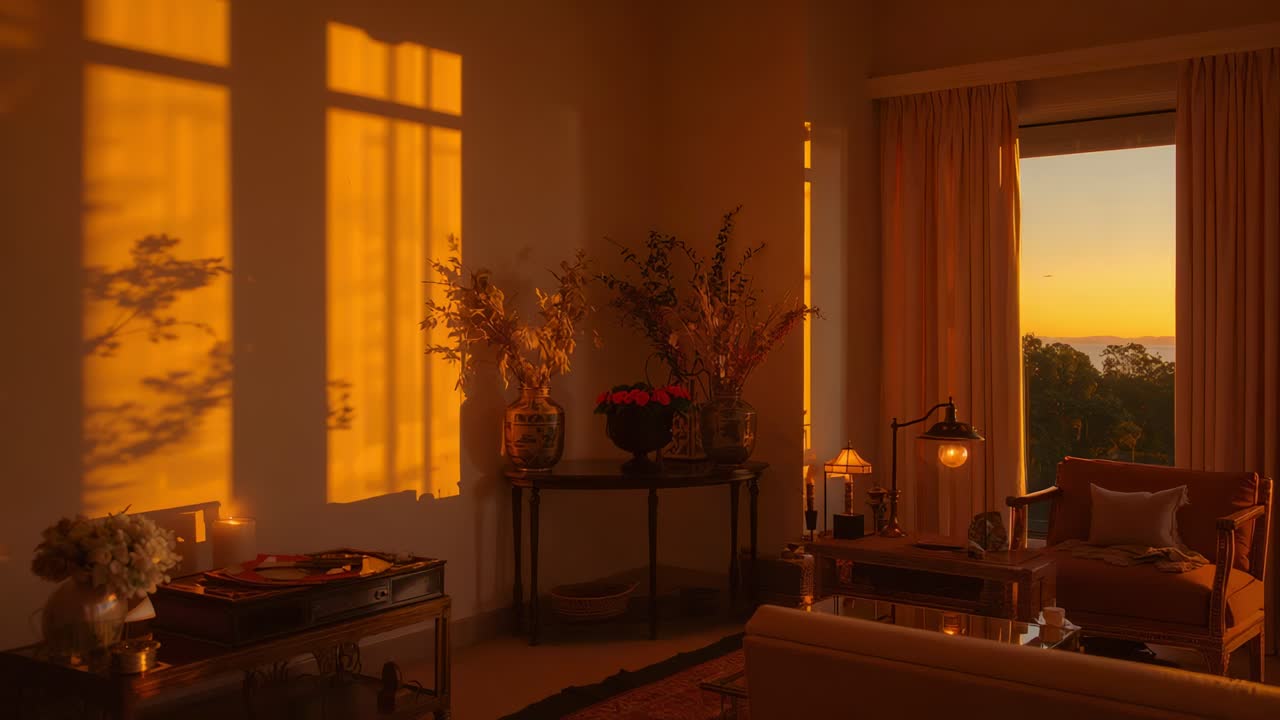 Shifting sunlight sweeping wall and console at home, lighting vases, red bowl while sun lowering