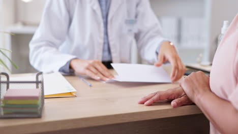 Woman,-doctor-and-hands-writing-note-for-sick