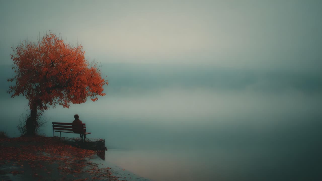 A Serene Autumn Scene Featuring a Lone Figure Sitting on a Bench Under an Orange Tree by a Misty Lake, Capturing the Essence of Peace and Quietude in Nature