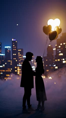 silhouette of a romantic couple kissing, holding heart shaped balloons, with a beautiful city skyline in the background, creating a magical and romantic atmosphere