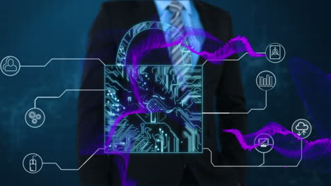 animation of connections with globe and online security padlock over caucasian businessman