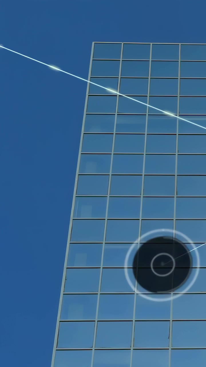 Diagonal luminosa emergindo, iniciando nós flutuantes se conectando sobre torre de vidro, mostrando rede de tecnologia.