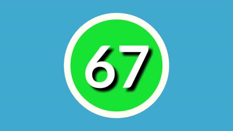 number 67 sixty seven sign symbol animation motion graphics on green sphere on blue background,4k cartoon video number for video elements