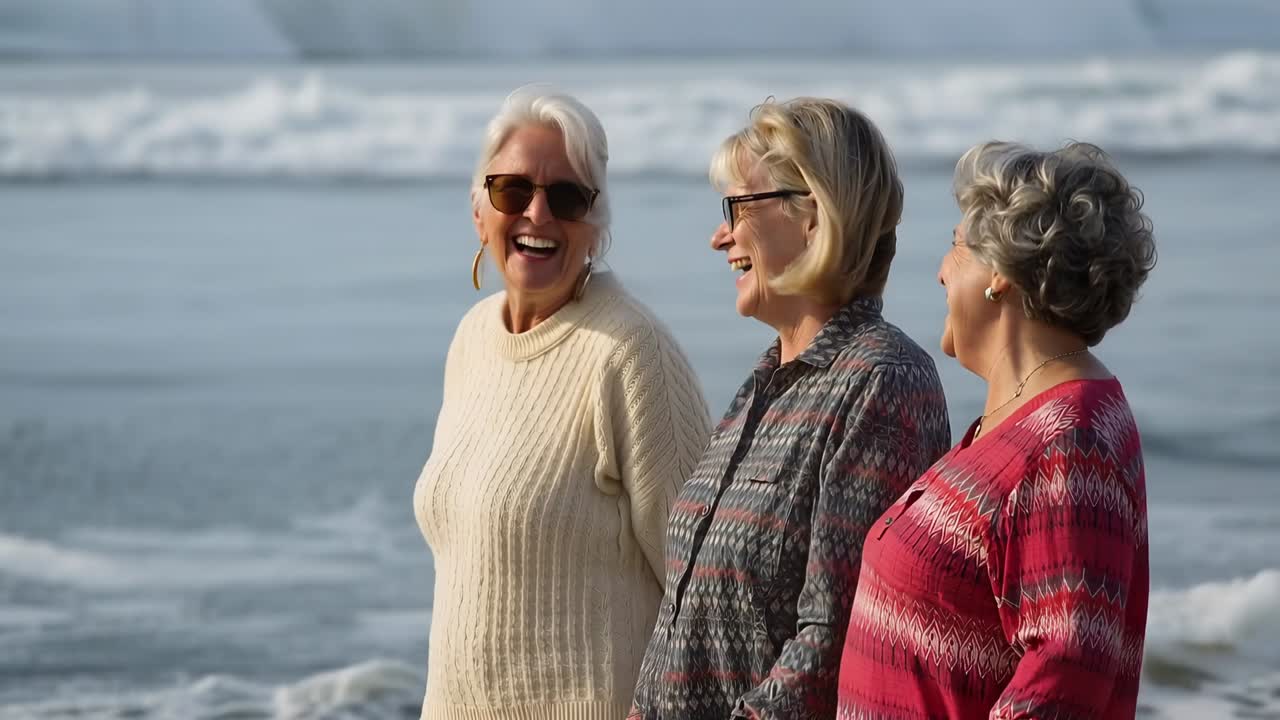 Three senior women turning toward offscreen call, laughing on shore, animated health icons circling