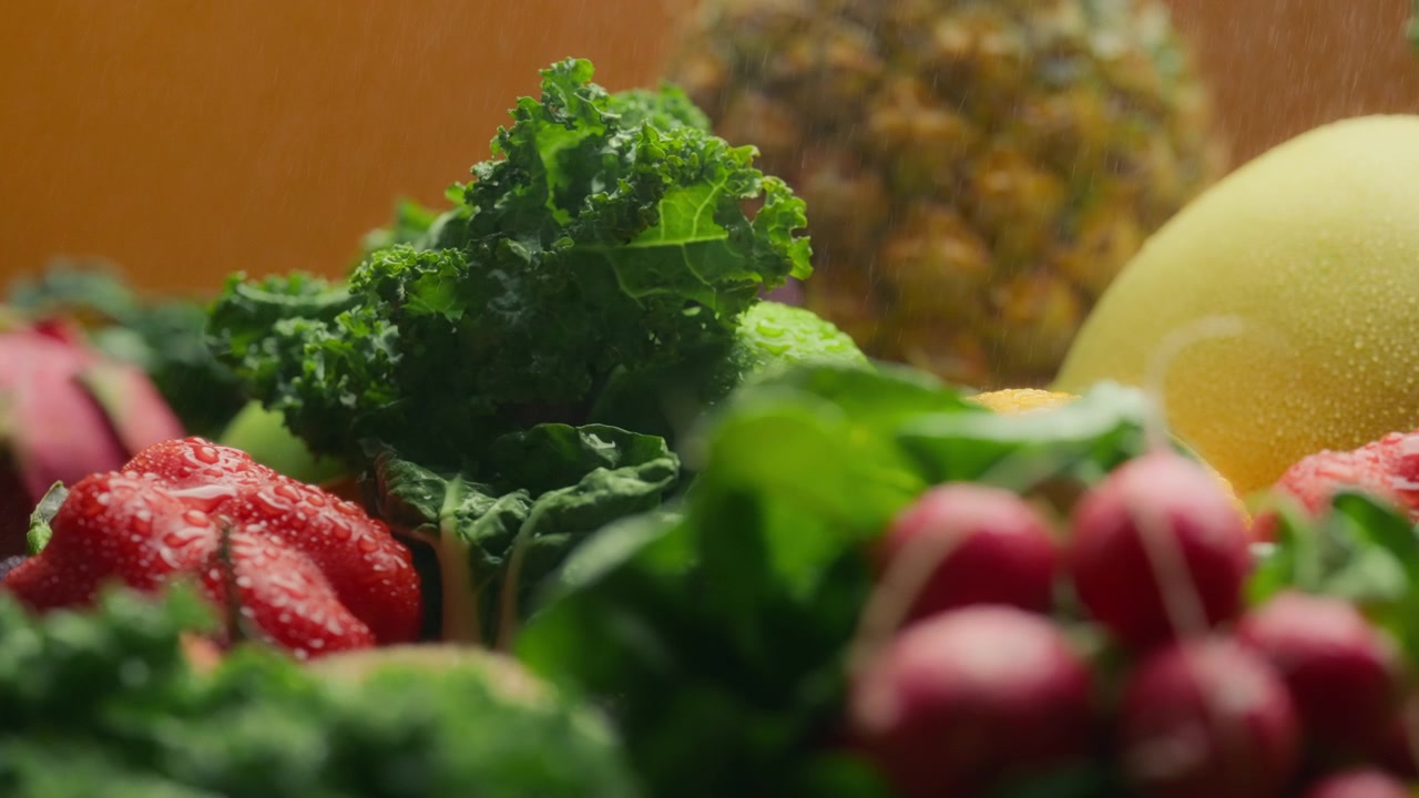 Vand sprøjter på friske frugter og grøntsager.