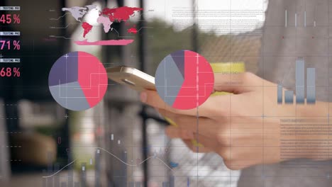 animation of statistics and data processing over man using smartphone