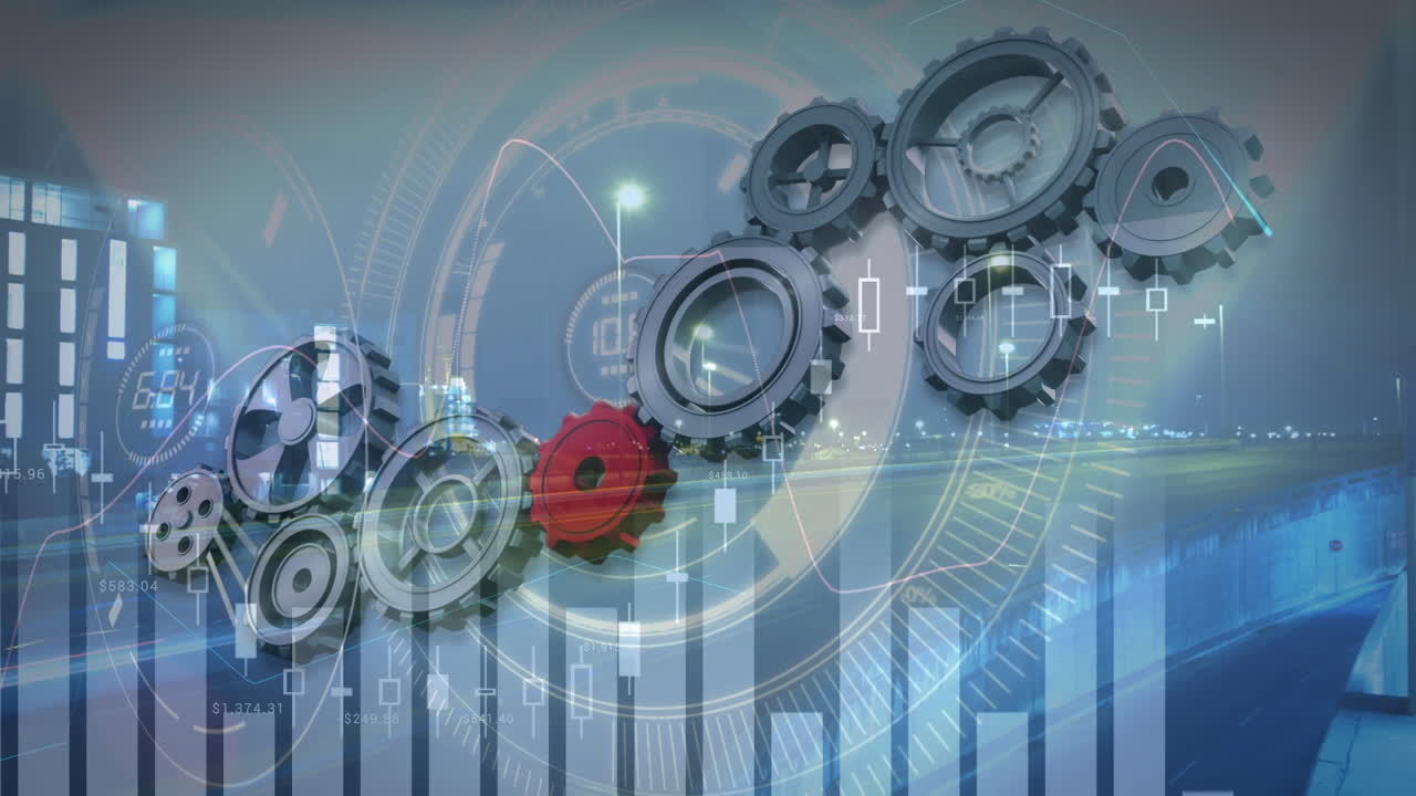 анимация обработки финансовых данных над городским ландшафтом и движущимися колесами